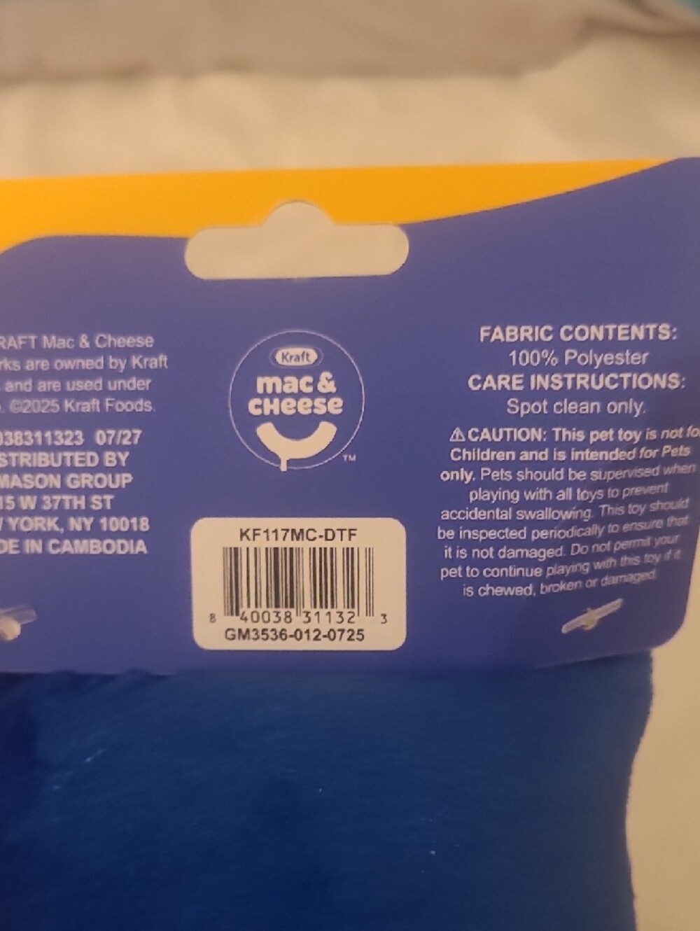 Kraft Mac & Cheese Plush Dog Toy - Blue & Yellow - Picture 3 of 4